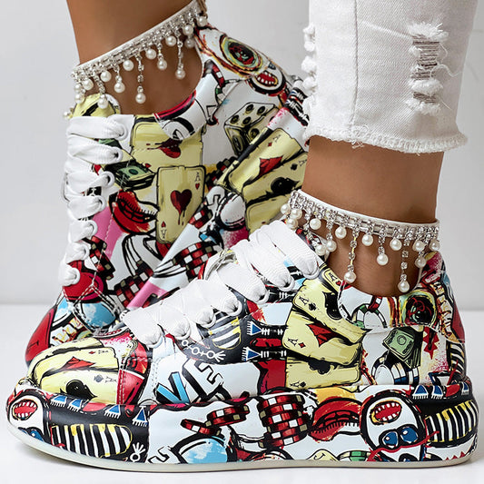 Women's Casual Round Toe Thick Sole Lace-Up Sneakers, Random Print Design, Comfortable Sporty Shoes For Daily Wear See size chart under “more details”