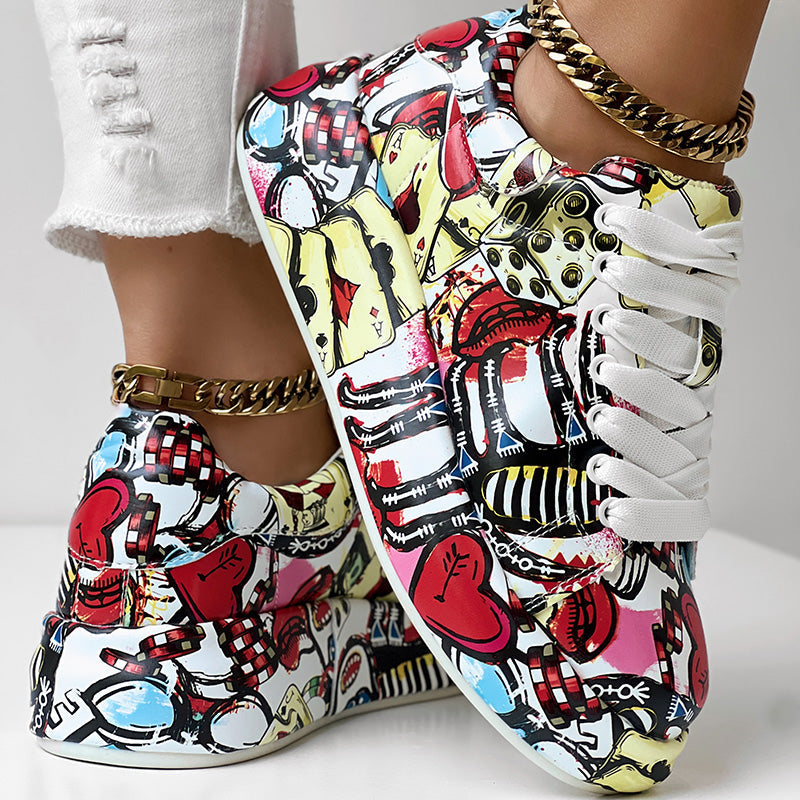 Women's Casual Round Toe Thick Sole Lace-Up Sneakers, Random Print Design, Comfortable Sporty Shoes For Daily Wear See size chart under “more details”