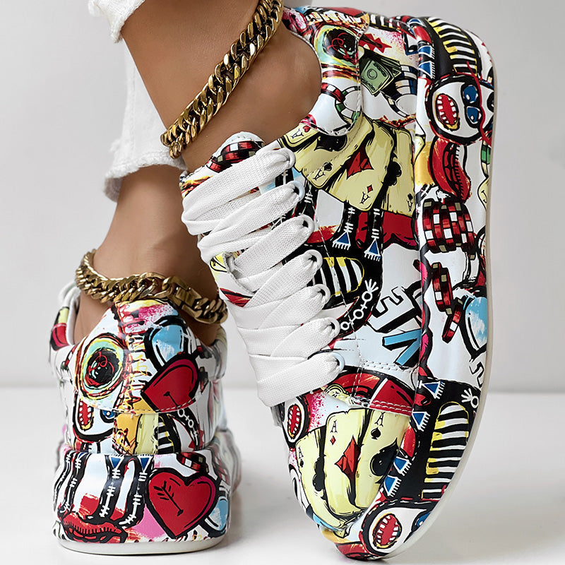 Women's Casual Round Toe Thick Sole Lace-Up Sneakers, Random Print Design, Comfortable Sporty Shoes For Daily Wear See size chart under “more details”